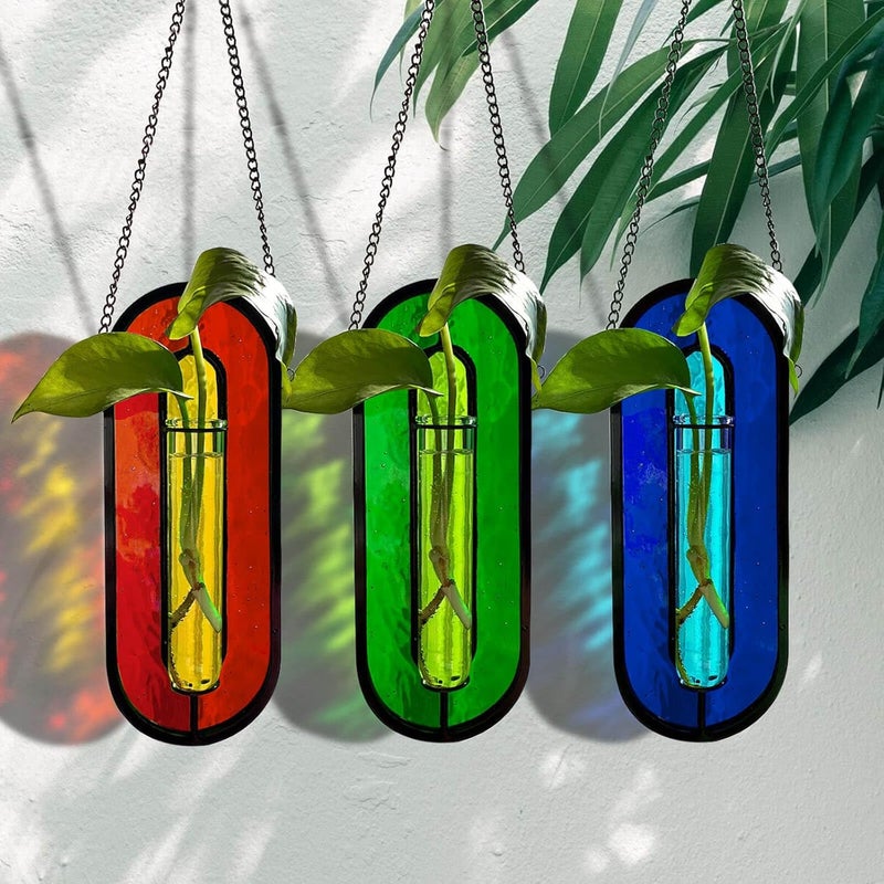 LITMIND Transparent Orange Stained Glass Propagation Station - Handcrafted Suncatcher Hanging Planter with 2 Glass Tubes, Multi-Color Hydroponic Wall Décor for Windows, Home & Garden - Image 2